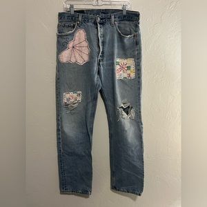 Womens Levi's Hand Patched 501 Jeans Size 35 x 32 Butterflies Button Fly